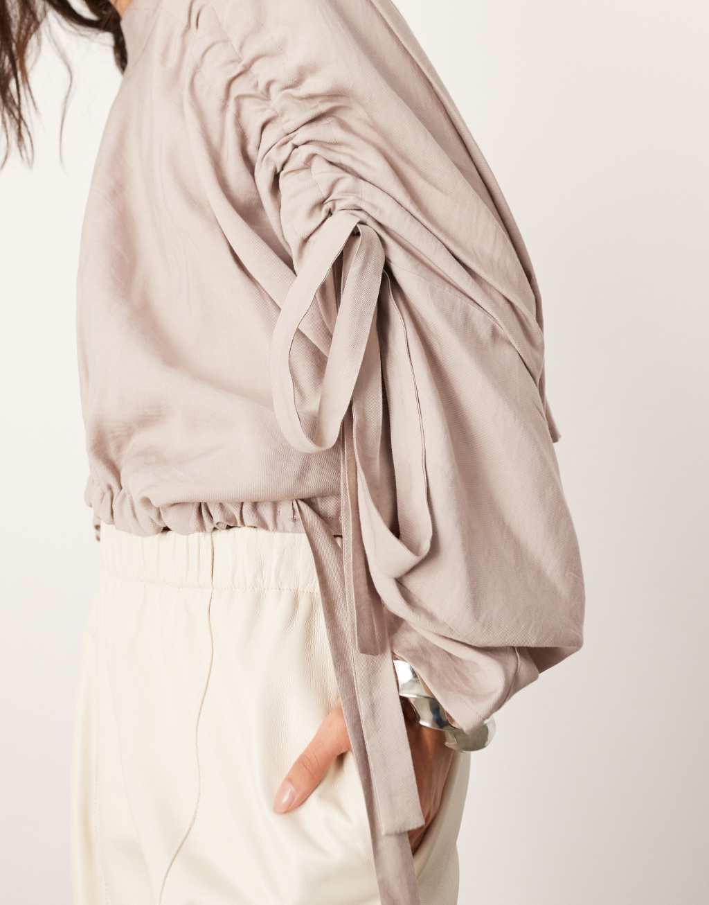 ASOS EDITION ruched detail slouchy oversized sleeve top in mushroom Product Image