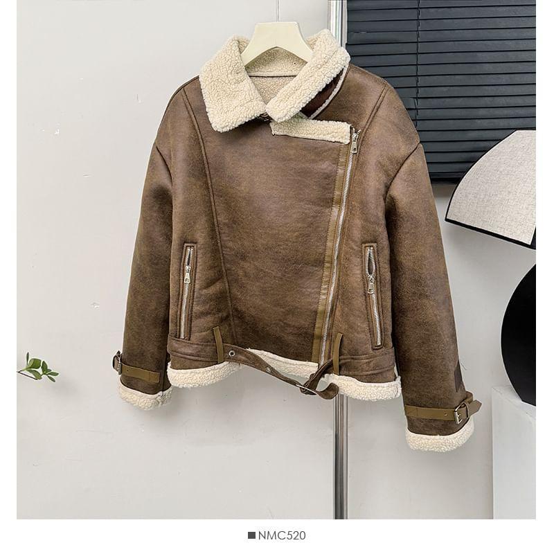 Fleece-Lined Faux-Suede Biker Jacket Product Image