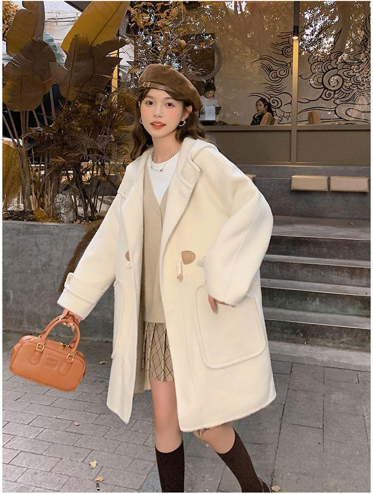 Hooded Toggle Plain Long Coat Product Image