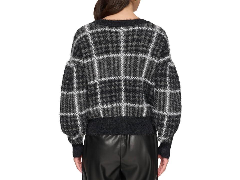 DKNY Long Sleeve Box Plaid Sweater Ivory) Women's Clothing Product Image