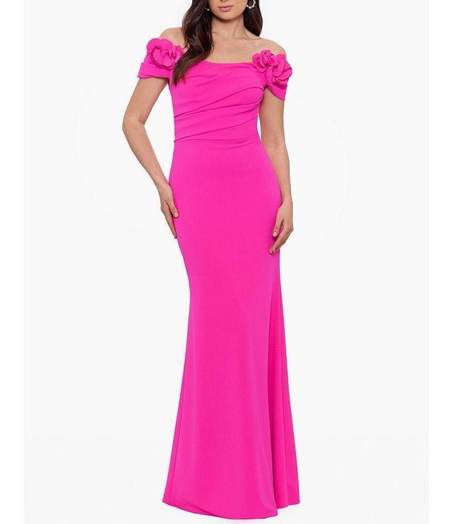 Betsy & Adam Off-the-Shoulder Stretch Ruffle V-Back Gown Product Image