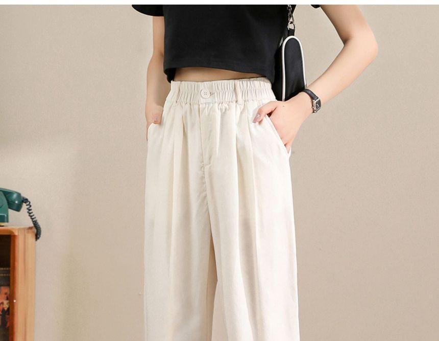 Elastic High Waist Plain Button-Fly Crop Tapered Pants Product Image