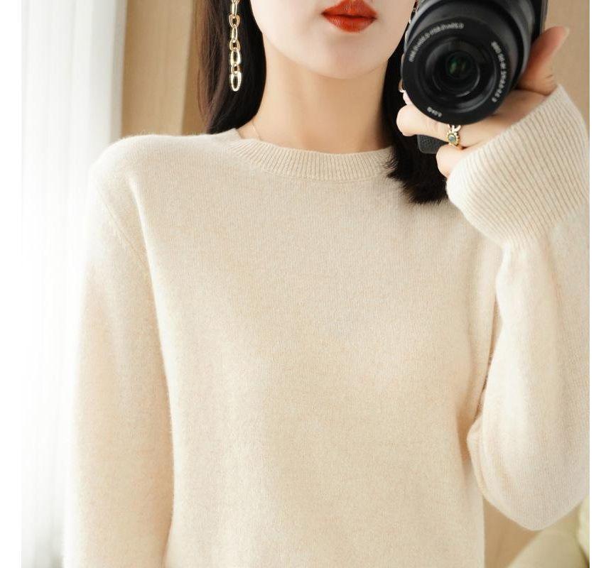 Long-Sleeve Round Neck Plain Knit Top Product Image