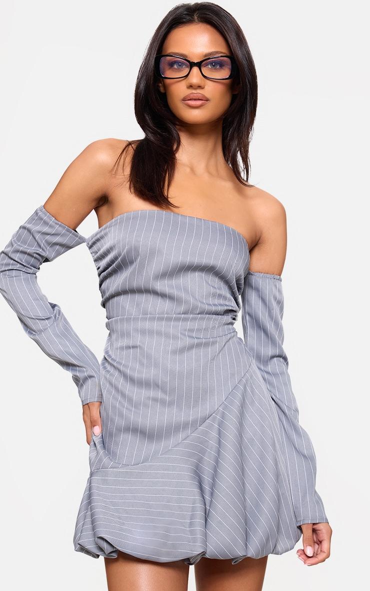 Grey Pinstripe Long Sleeve Ruched Puffball Dress product image