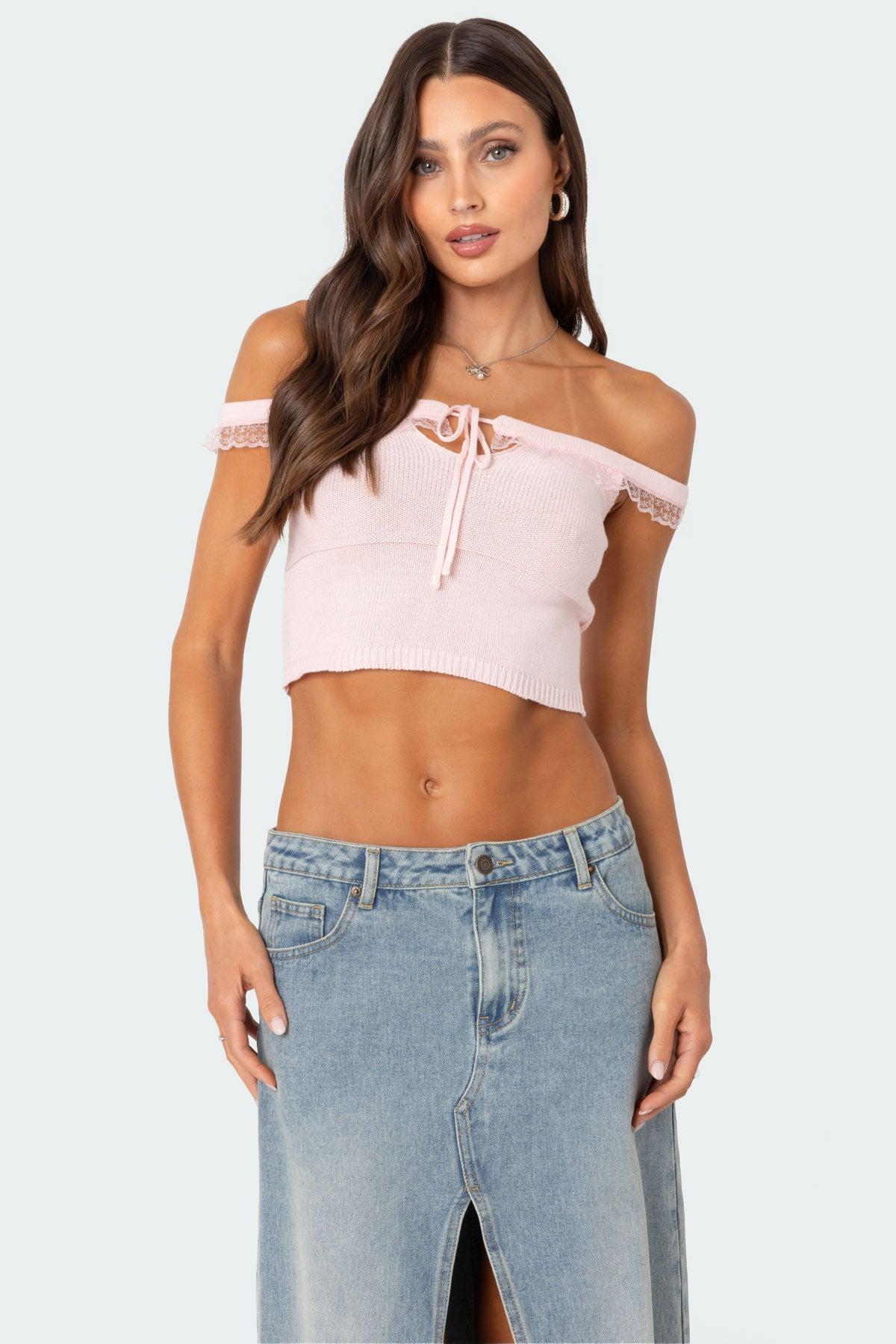 Off Shoulder Trimmed Knit Top Product Image