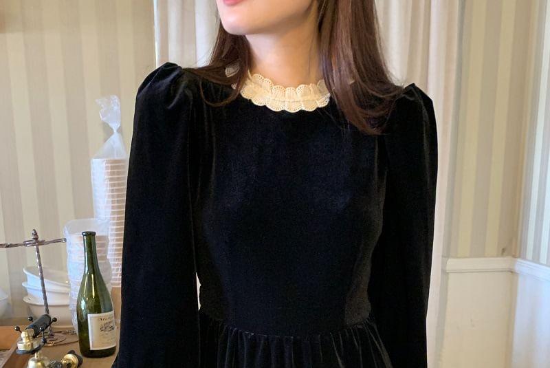 Long-Sleeve Frill Trim Velvet Maxi A-Line Dress Product Image