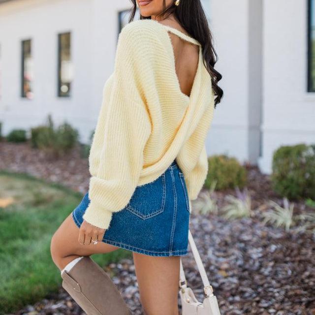 Know It All Yellow Twist Back Fuzzy Sweater Product Image