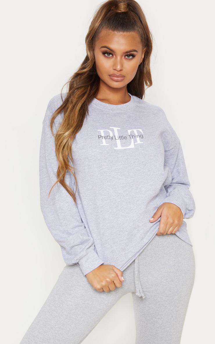 PRETTYLITTLETHING Grey Marl Graphic Oversized Crewneck Sweatshirt Product Image