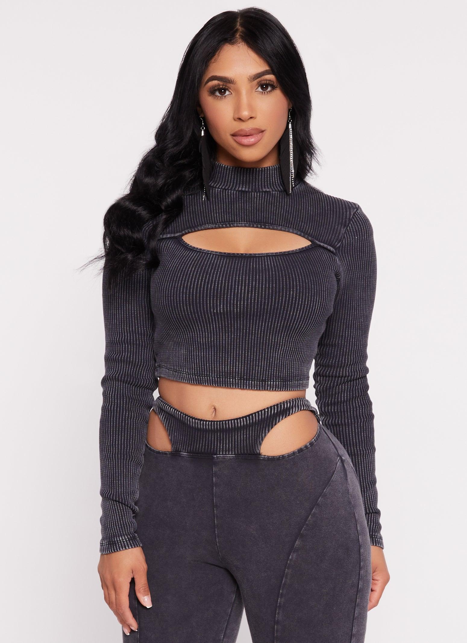 Womens Acid Wash Keyhole Long Sleeve Crop Top product image