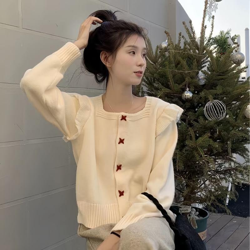 Square Neck Button-Up Plain Crop Cardigan Product Image