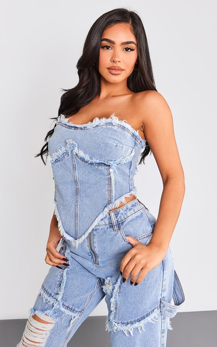 Petite Vintage Wash Raw Hem Detail Denim Corset Top product image