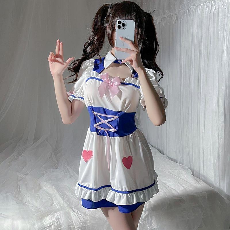 Short-Sleeve Collared Bow Accent Frill Trim Cutout Lace-Up Mini A-Line Dress Product Image