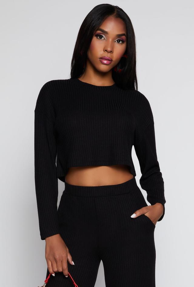 Womens Ribbed Brushed Knit Long Sleeve Crop Top Product Image