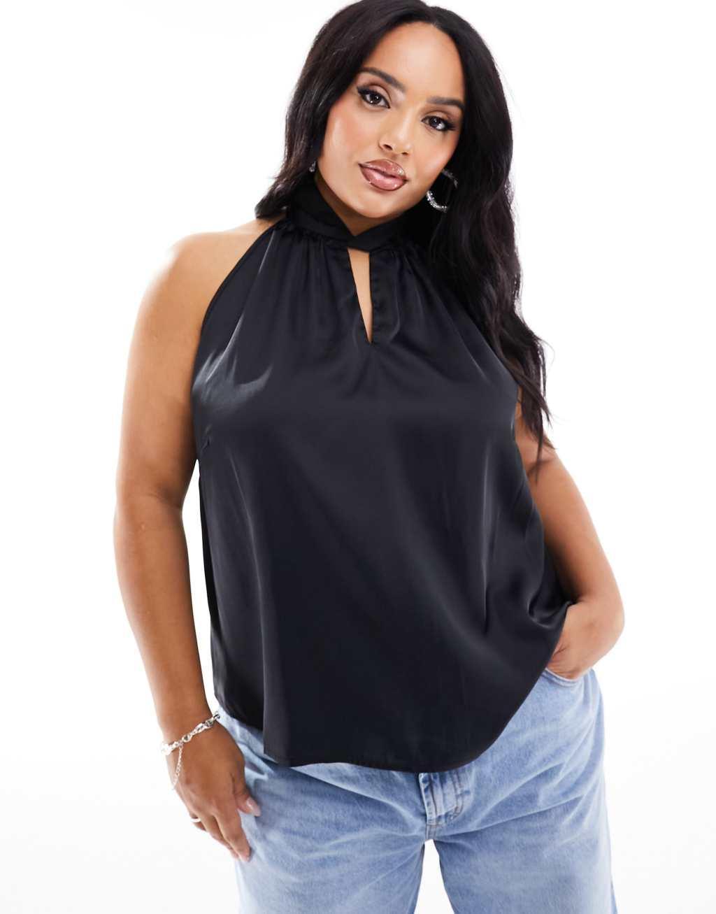 Pieces Curve high neck satin key hole detail top in black Product Image