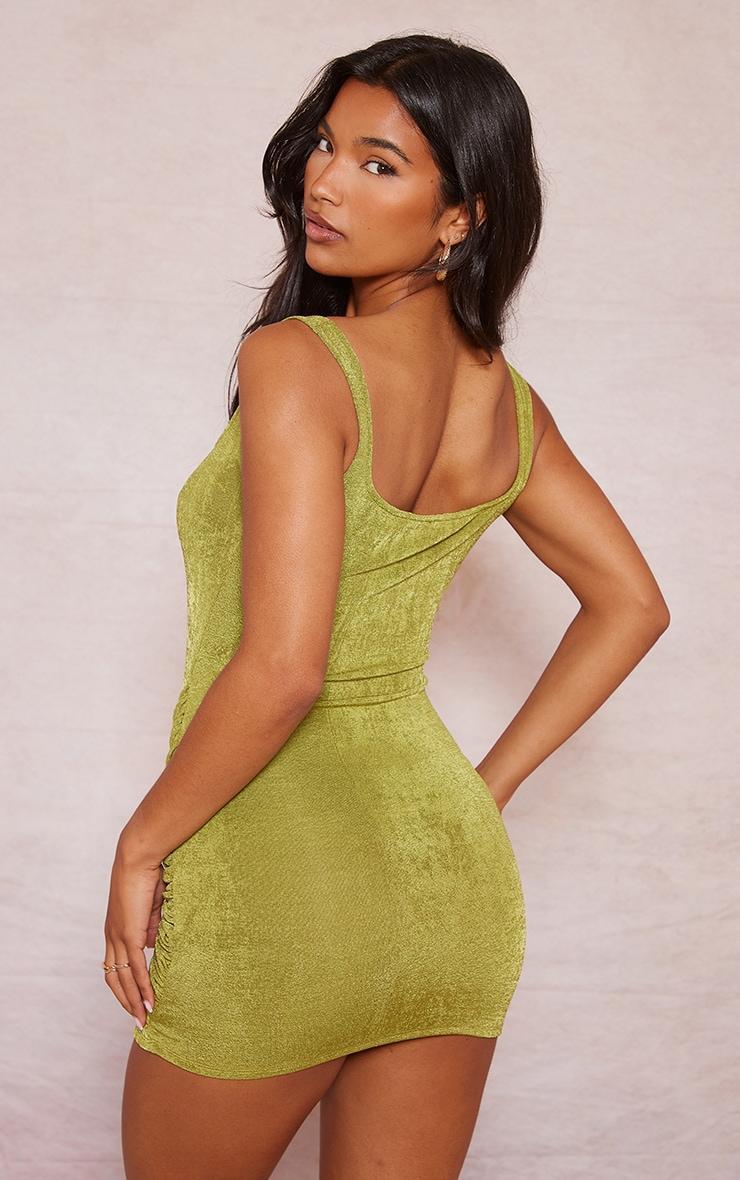 Olive Acetate Slinky Knot Twist Square Neck Bodycon Dress Product Image