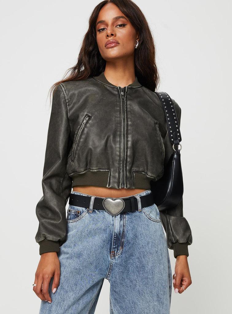 Allure Faux Leather Bomber Jacket Charcoal Product Image