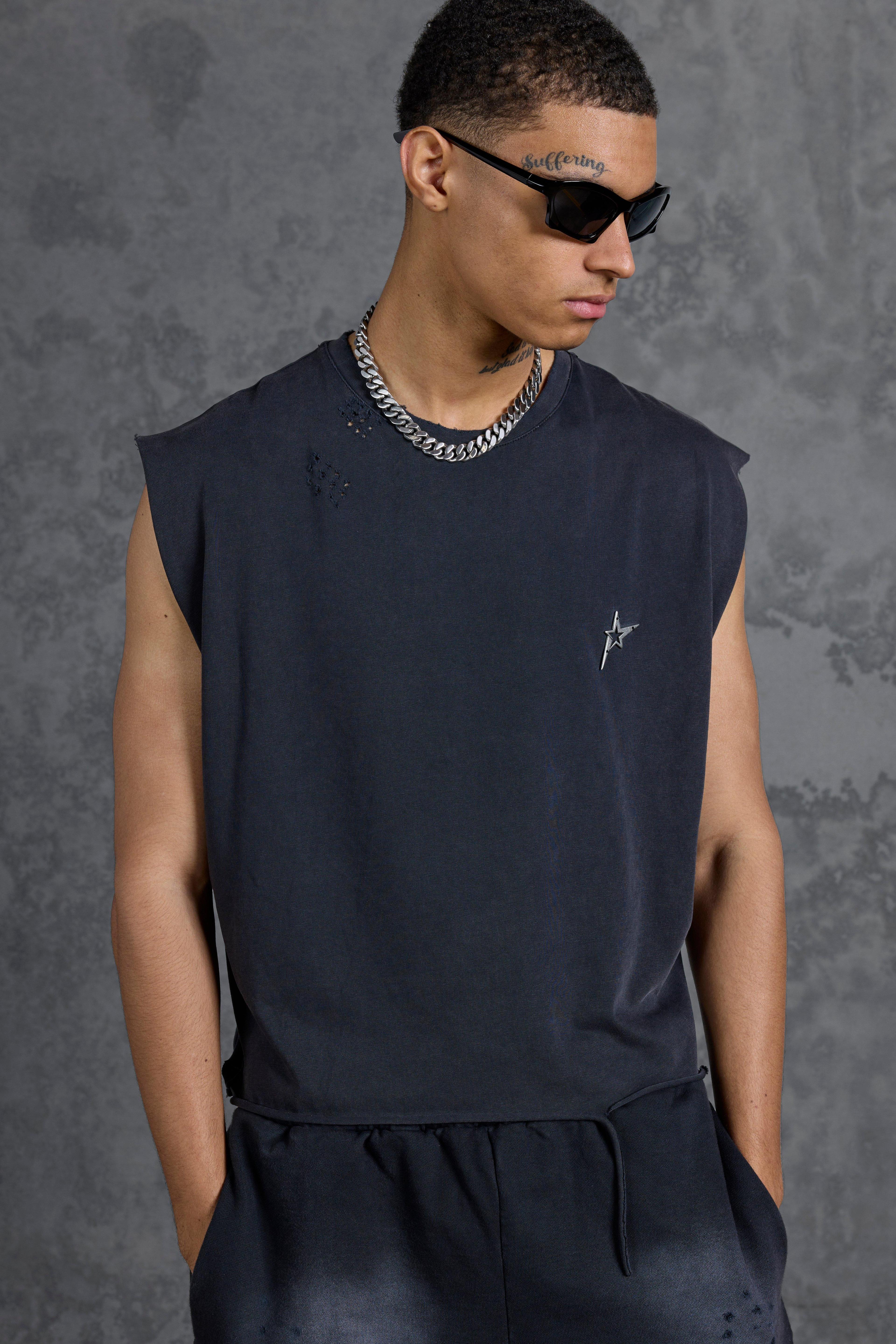 P-Star Oversized Cropped Tank With Metal Branding | boohooMAN USA Product Image