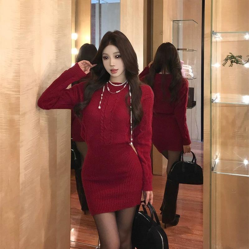 Long-Sleeve Crew Neck Plain Cable-Knit Mini Sweater Dress Product Image