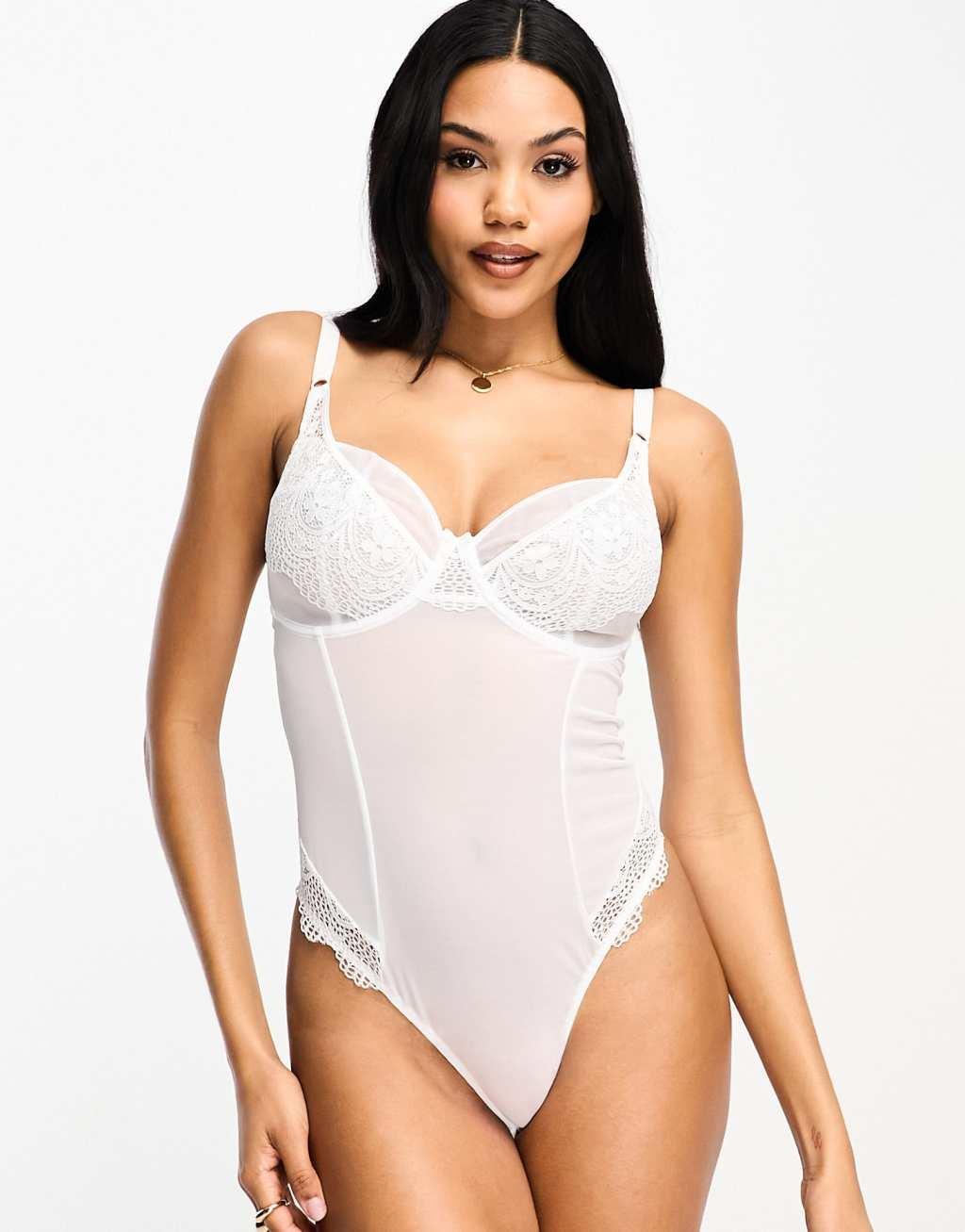 Ivory Rose Fuller Bust DD-G bridal lace and mesh bodysuit in white Product Image