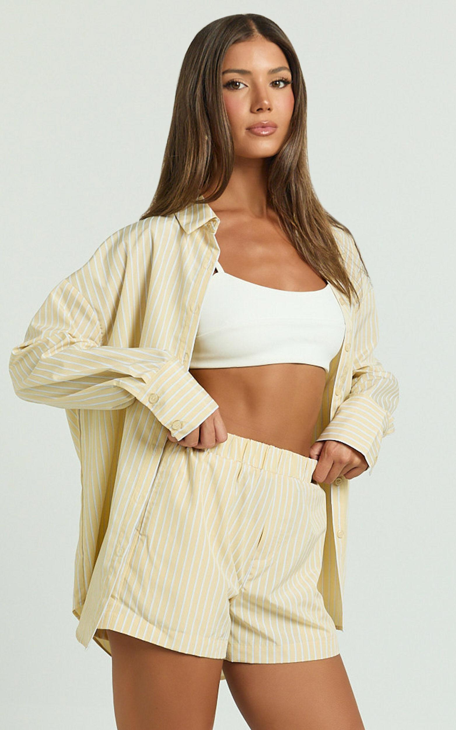 Chaemay Shorts - High Waisted A-Line Boxer Shorts in Lemon Stripe Product Image