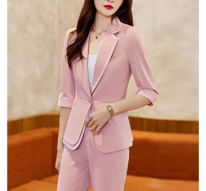 3/4-Sleeve Plain One-Buttoned Blazer / Crop Tapered Dress Pants Product Image