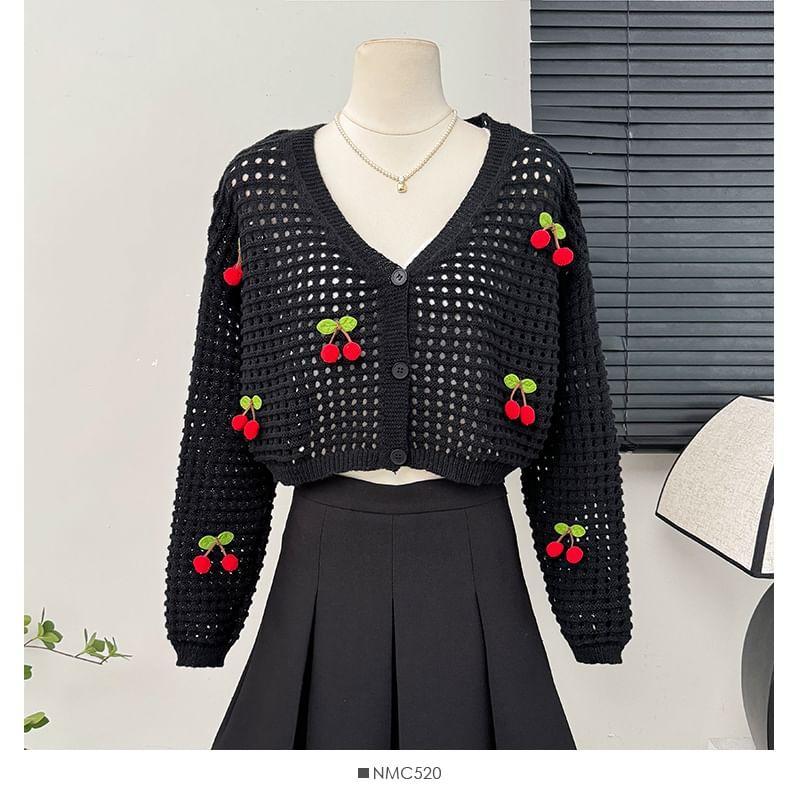 Cropped Open-Knit V-Neck Cardigan with Cherry in 5 Colors product image