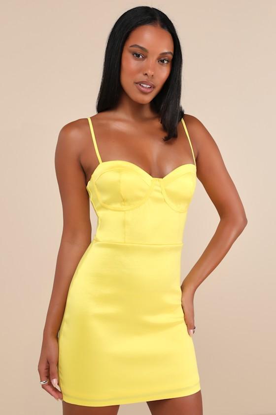 Brilliant Flirt Neon Yellow Taffeta Bustier Mini Bodycon Dress Product Image