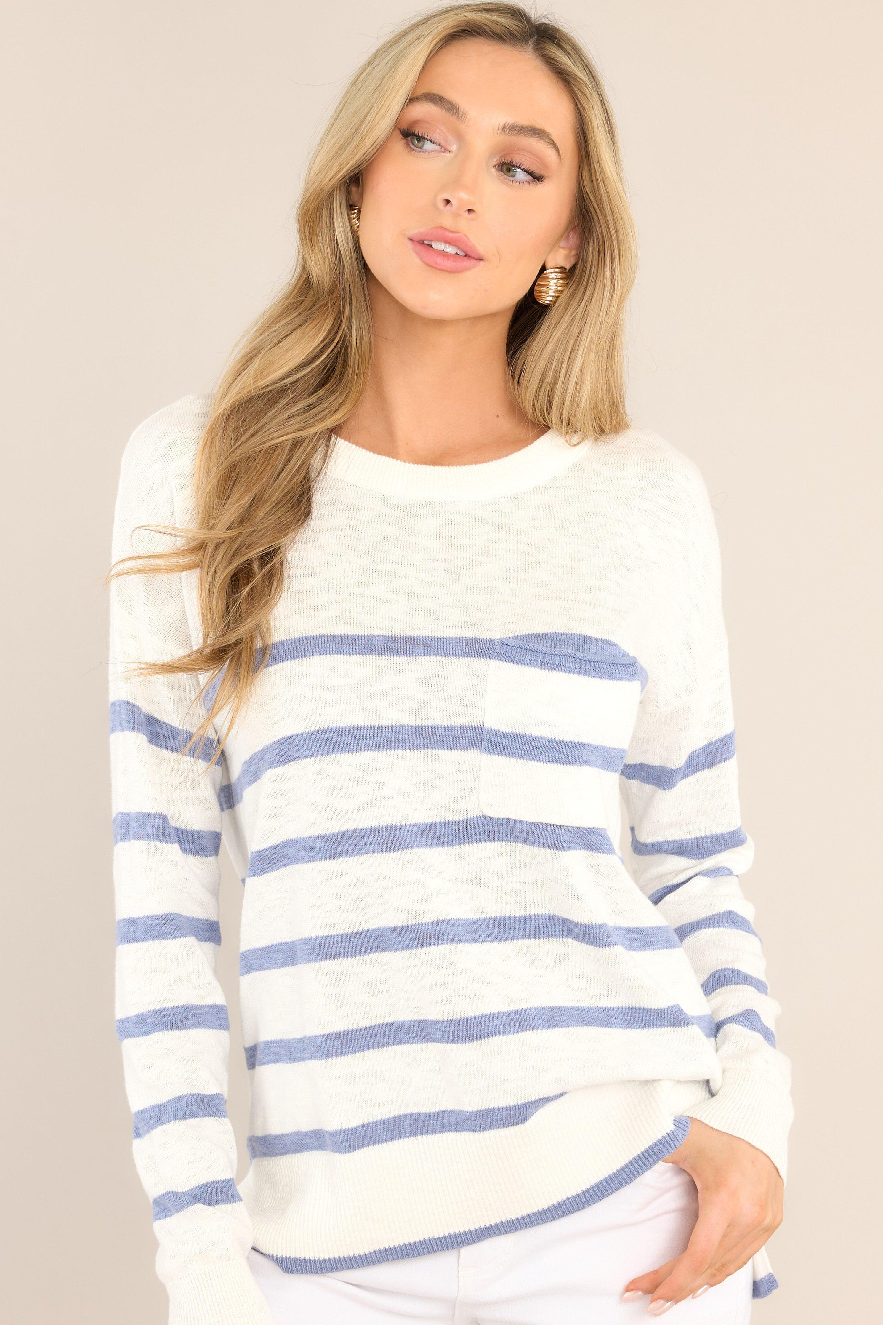 Like New White & Dusty Blue Striped Top Product Image