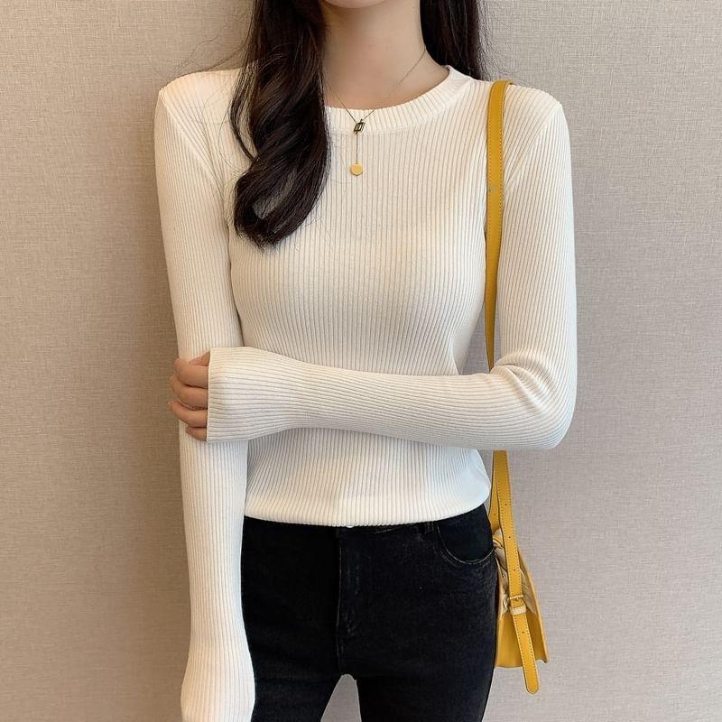 Long Sleeve Round Neck Plain Ribbed Knit Top Product Image