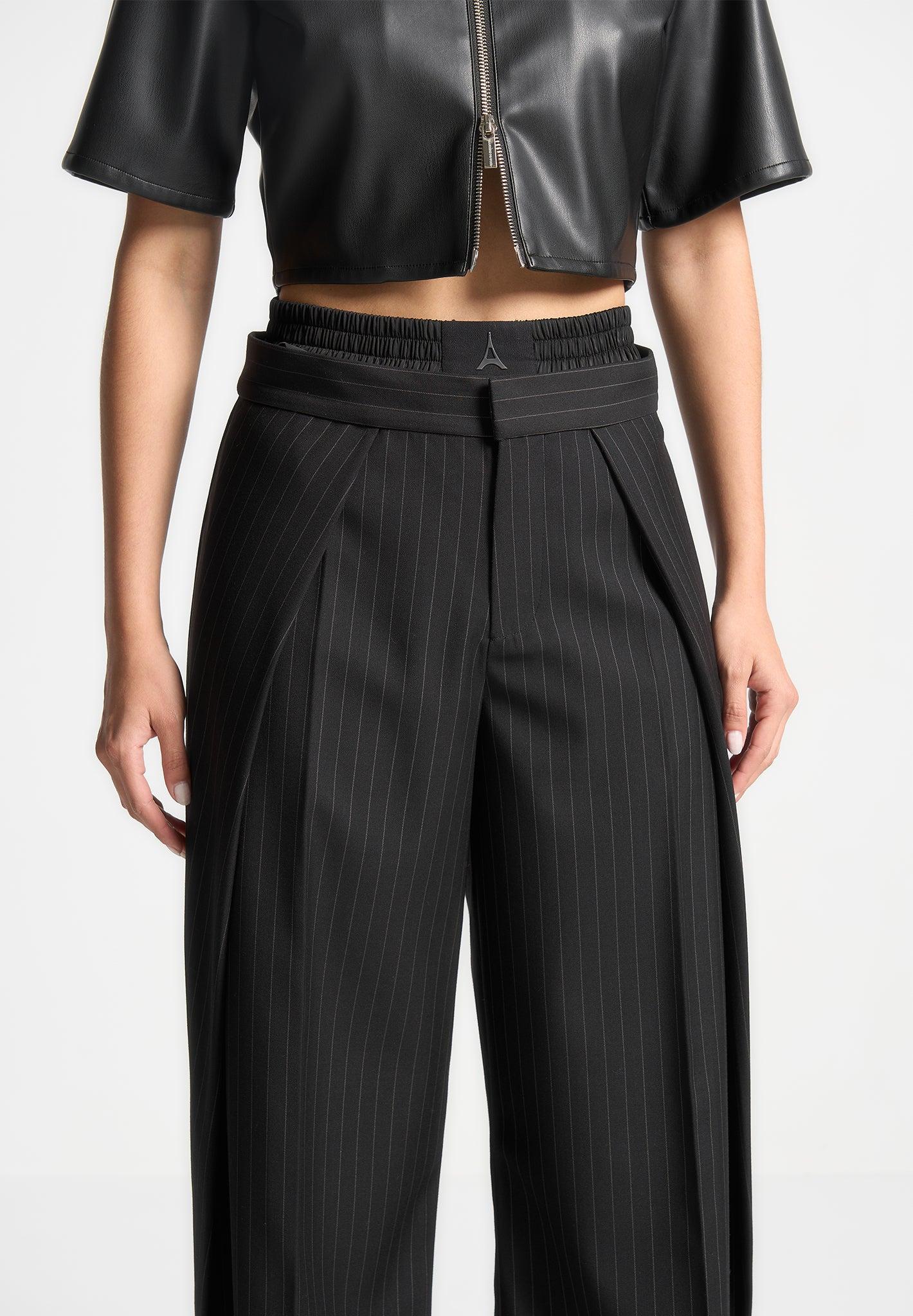 Satin Waistband Pinstripe Trousers - Black Female Product Image