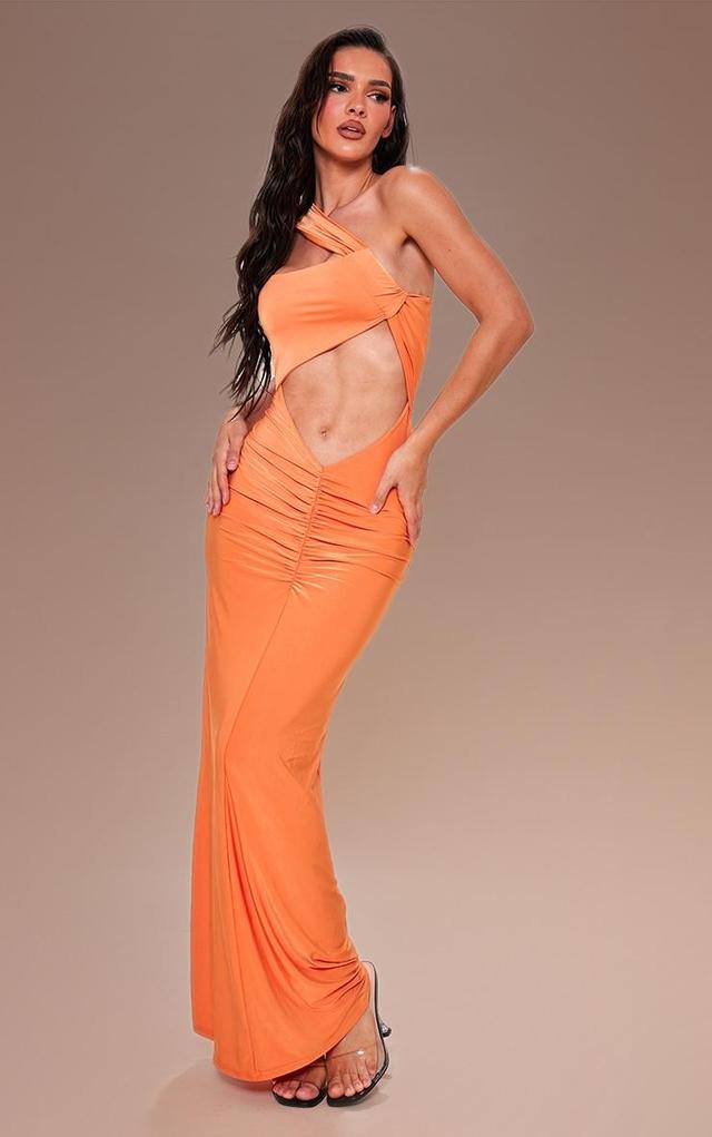 Bright Orange Slinky Asymmetric Extreme Cut Out Maxi Dress Product Image