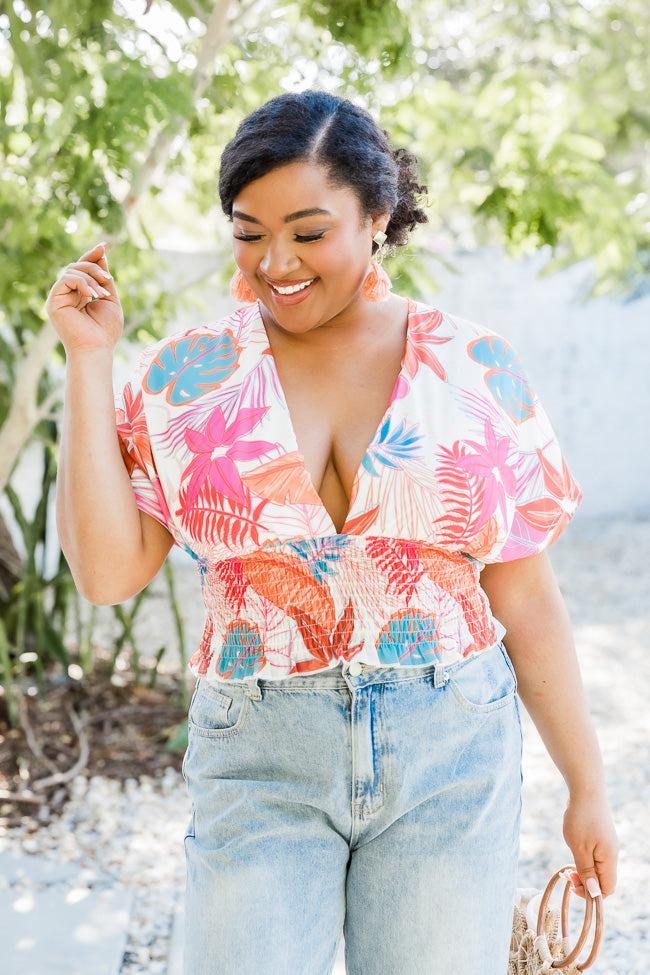 Enjoy Every Moment Smocked Waist Blouse in Palm Beach White Tropical Print FINAL SALE Product Image