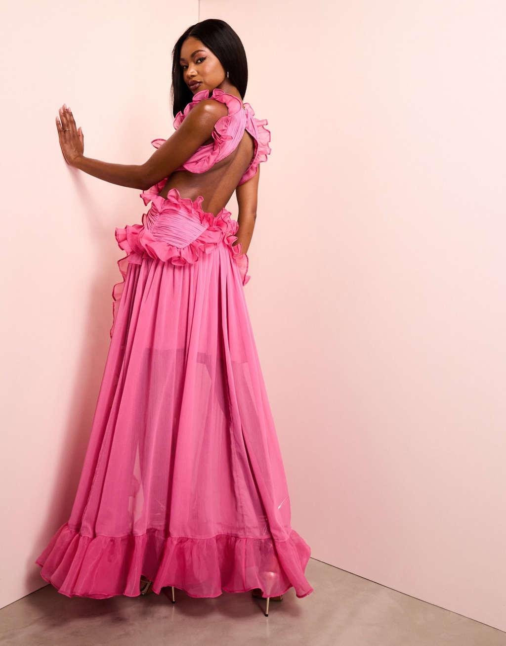 ASOS LUXE plunge maxi dress with ruched chiffon detail & open back in hot pink Product Image