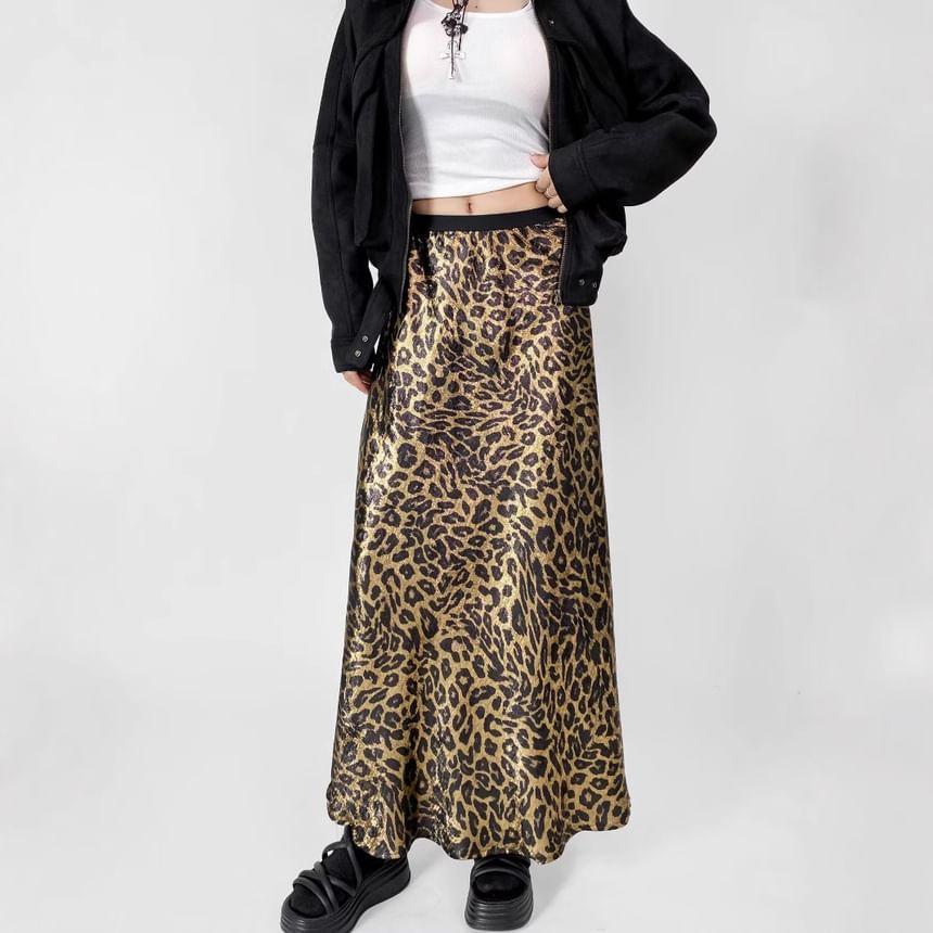 Low Waist Leopard Print Midi A-Line Skirt Product Image