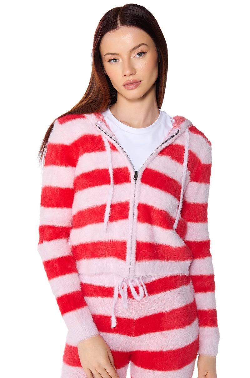 GOOD KARMA FUZZY ZIP UP HOODED SWEATER Product Image