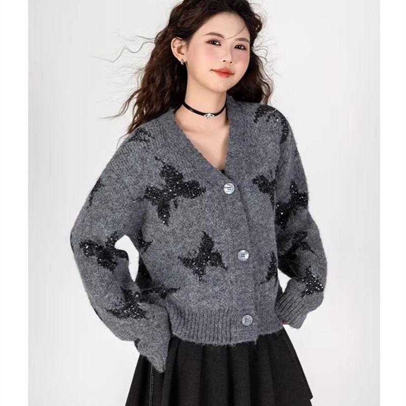 V-Neck Butterfly Print Sequin Button-Up Cardigan Product Image