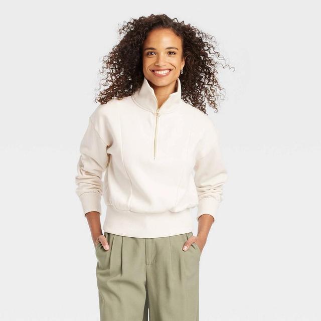 Women's Quarter Zip Sweatshirt - A New Day™ Cream M Product Image