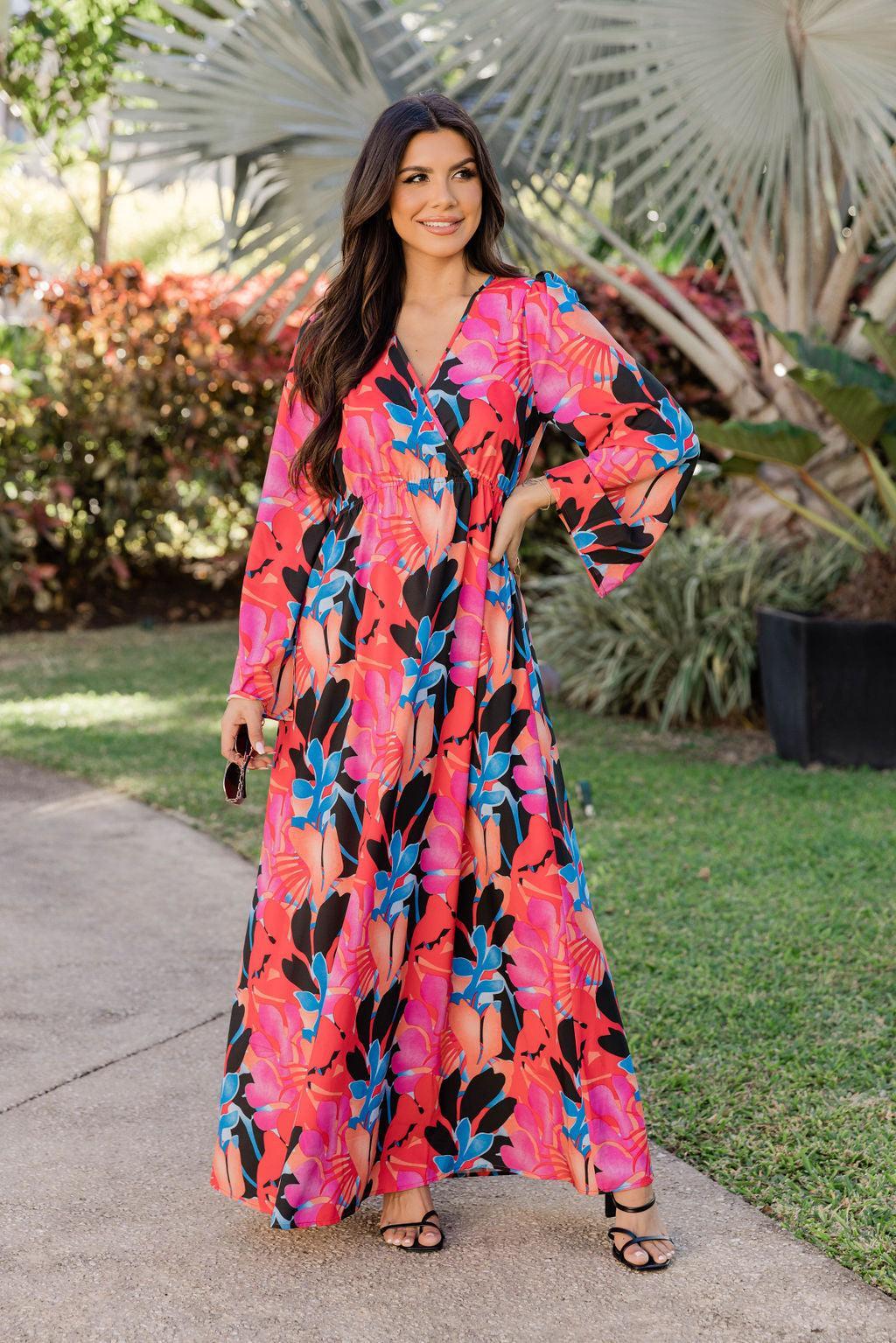 Dance The Night Away Long Sleeve Tropical Black Maxi Dress FINAL SALE Product Image