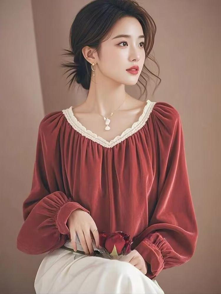 Long-Sleeve V-Neck Velvet Blouse Product Image