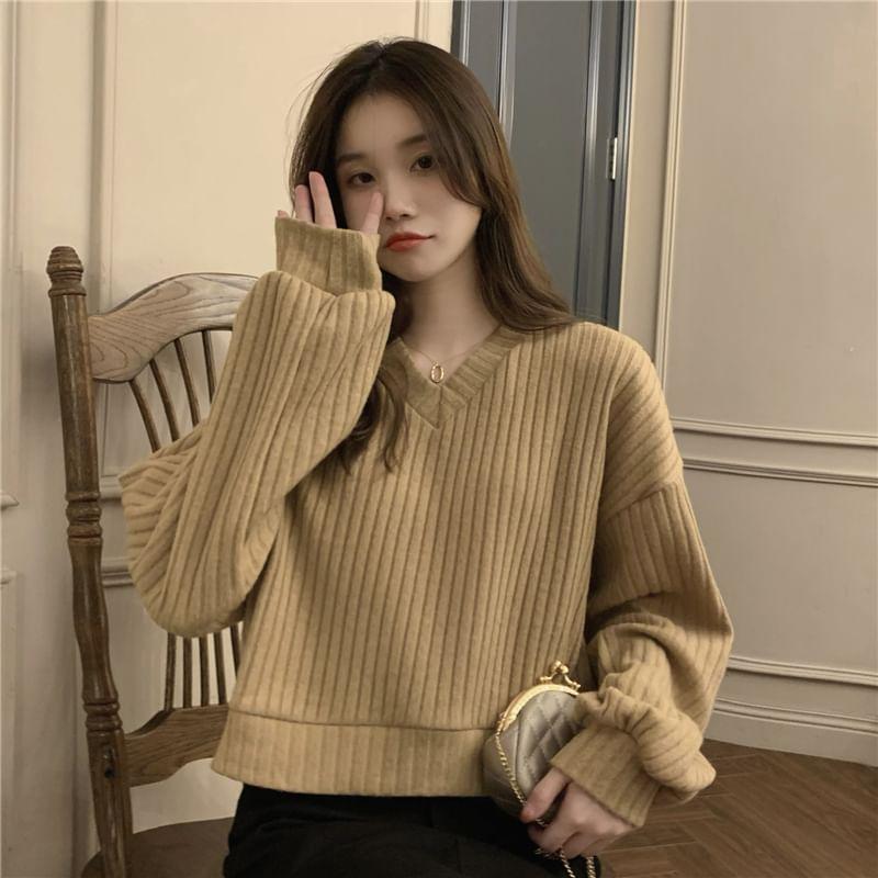 Drop Shoulder V-Neck Plain Ribbed Knit Sweater Product Image