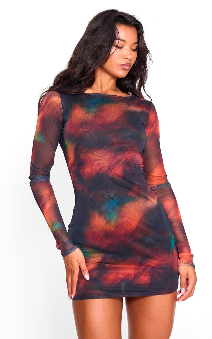 Dark Red Printed Mesh Long Sleeve Bodycon Dress Product Image