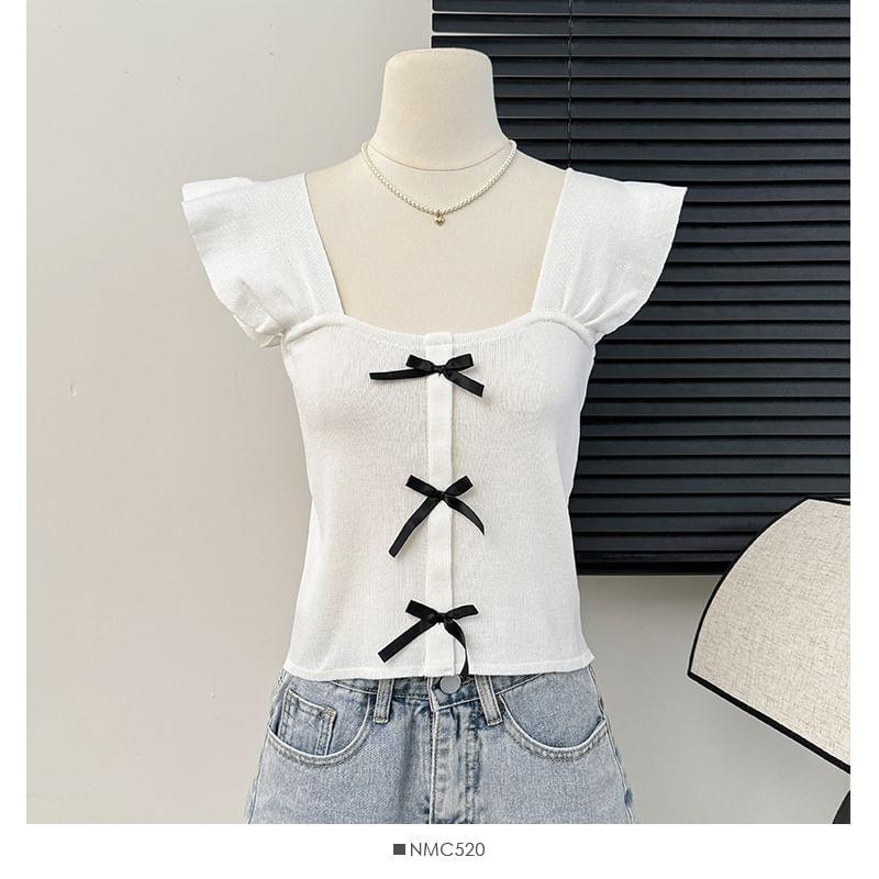 Cap-Sleeve Square-Neck Ribbon Crop Top Product Image