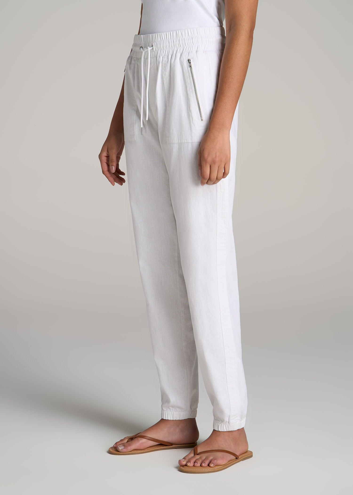 Pull-On Linen Joggers for Tall Women in White Product Image