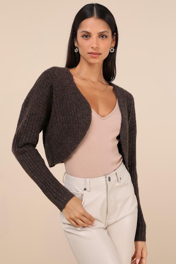 Comfy Cuteness Dark Brown Heathered Ribbed Knit Shrug Cardigan Product Image