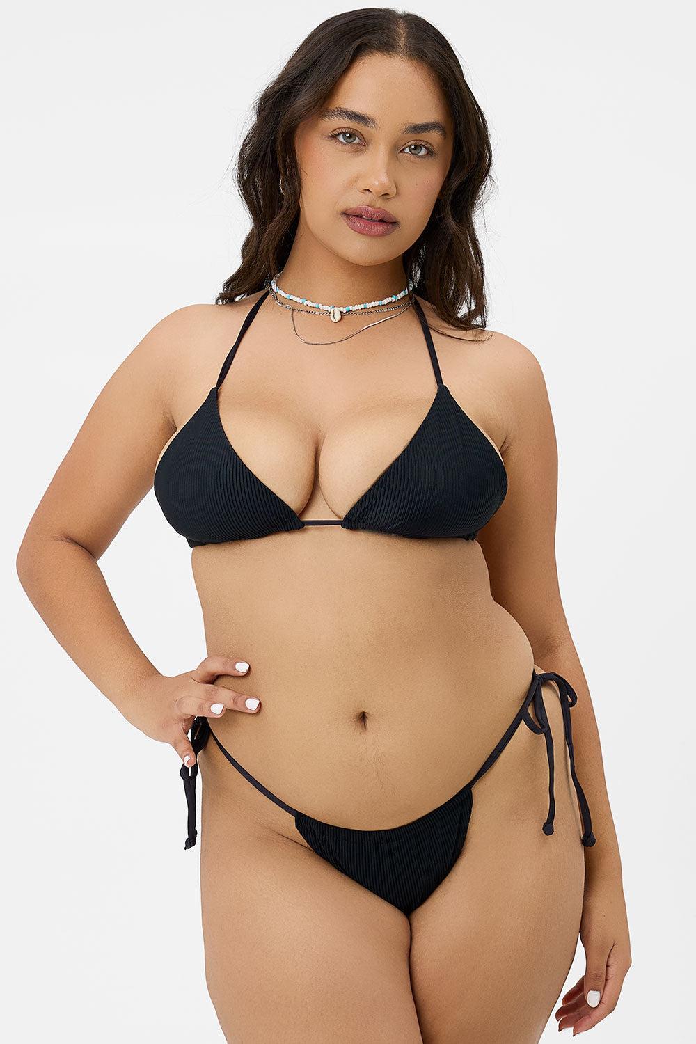 Tia Ribbed String Bikini Bottom - Black Product Image