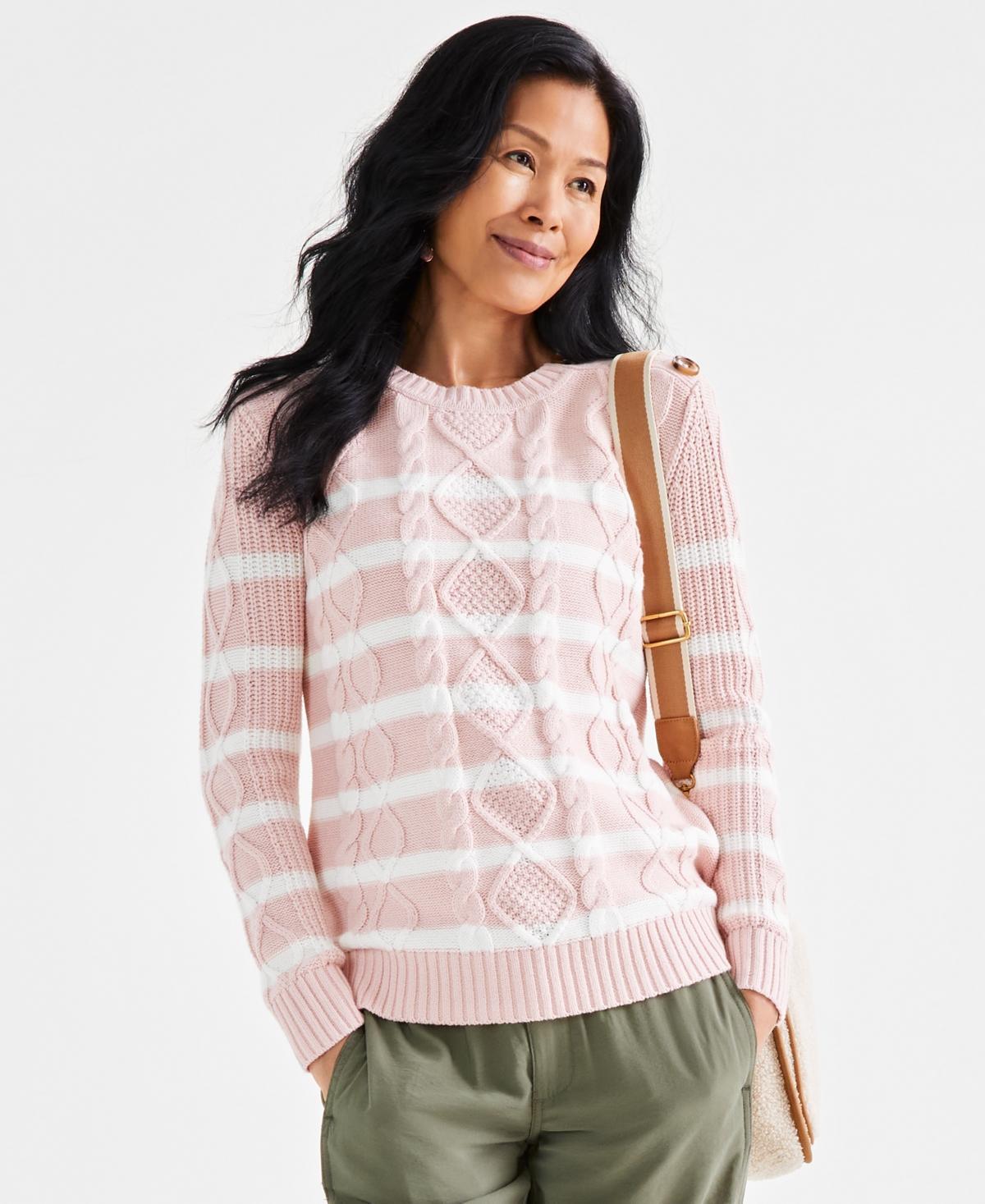 Style & Co Womens Striped Cable-Knit Button-Shoulder Sweater, Created for Macys Product Image