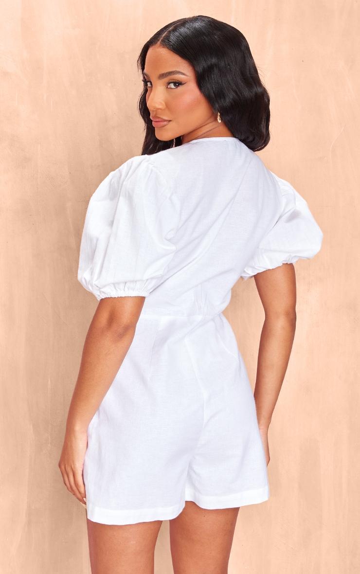 White Linen Tie Front Short Sleeve Romper Product Image