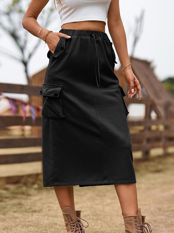 A-Line Buttoned Drawstring Pockets Solid Color Split-Joint Skirts Bottoms product image