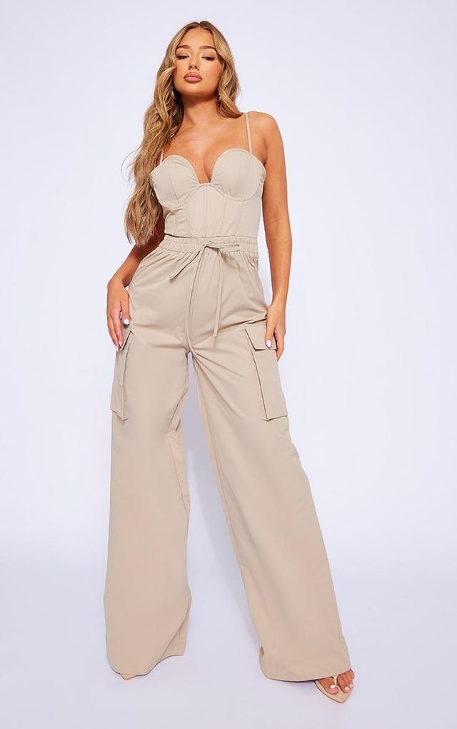 Stone Woven Underwired Cargo Style Strappy Jumpsuit Product Image