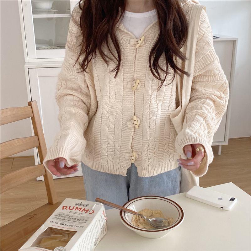 Sailor Collar Plain Cable Knit Toggle Cardigan Product Image